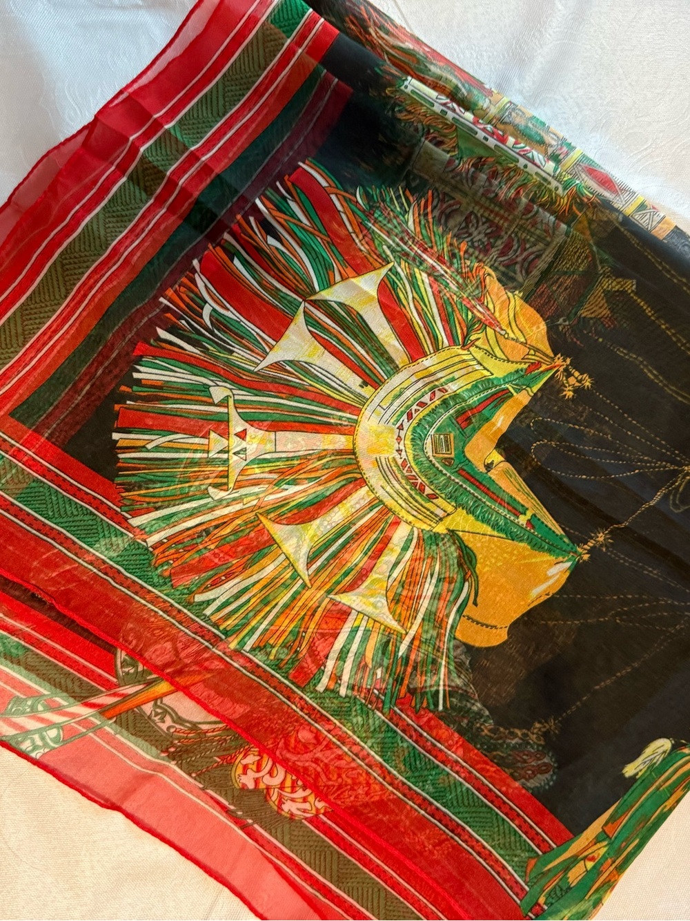 Vintage Red and Green & black silk scarf